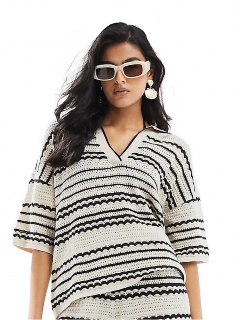 ASOS Crochet Polo Swim Cover-Up in Cream and Black